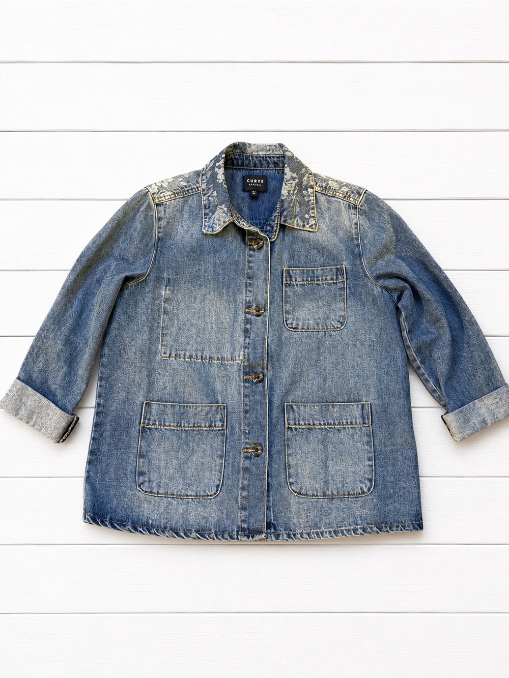 Curve Appeal Denim Utility Jacket | Floral Print Collar | Size Medium - Picture 4 of 7